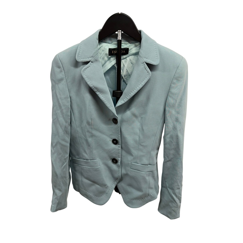 Escada Womens Virgin Wool Light Blue Pick Stitched Three Button Blazer Jacket XS